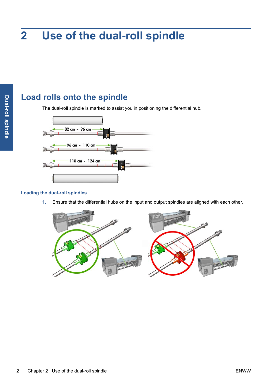 Use of the dual-roll spindle, Load rolls onto the spindle, 2 use of the dual-roll spindle | 2use of the dual-roll spindle | HP Scitex LX800 Industrial Printer series User Manual | Page 6 / 16