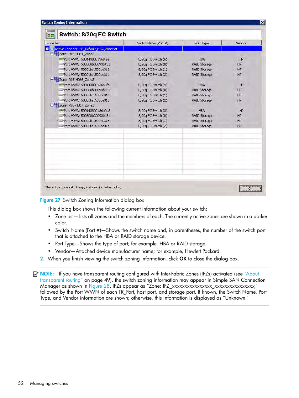 27 switch zoning information dialog box, Figure 27 | HP StorageWorks 2000fc G2 Modular Smart Array User Manual | Page 52 / 150