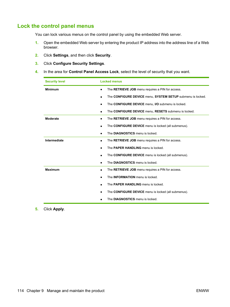 Lock the control panel menus | HP LaserJet P4015 Printer series User Manual | Page 126 / 246