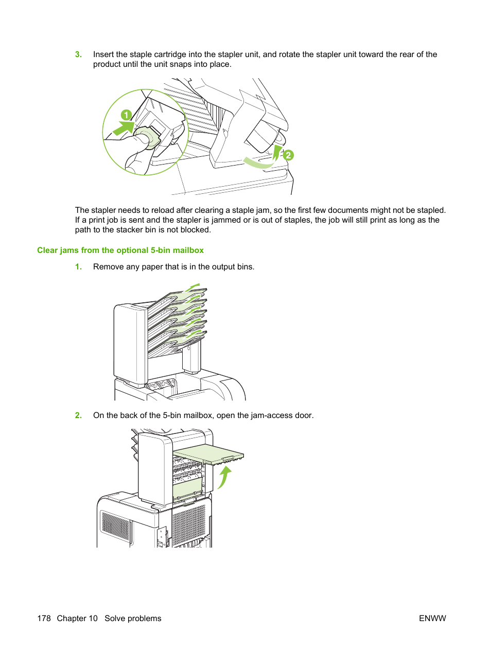 Clear jams from the optional 5-bin mailbox | HP LaserJet P4015 Printer series User Manual | Page 190 / 246