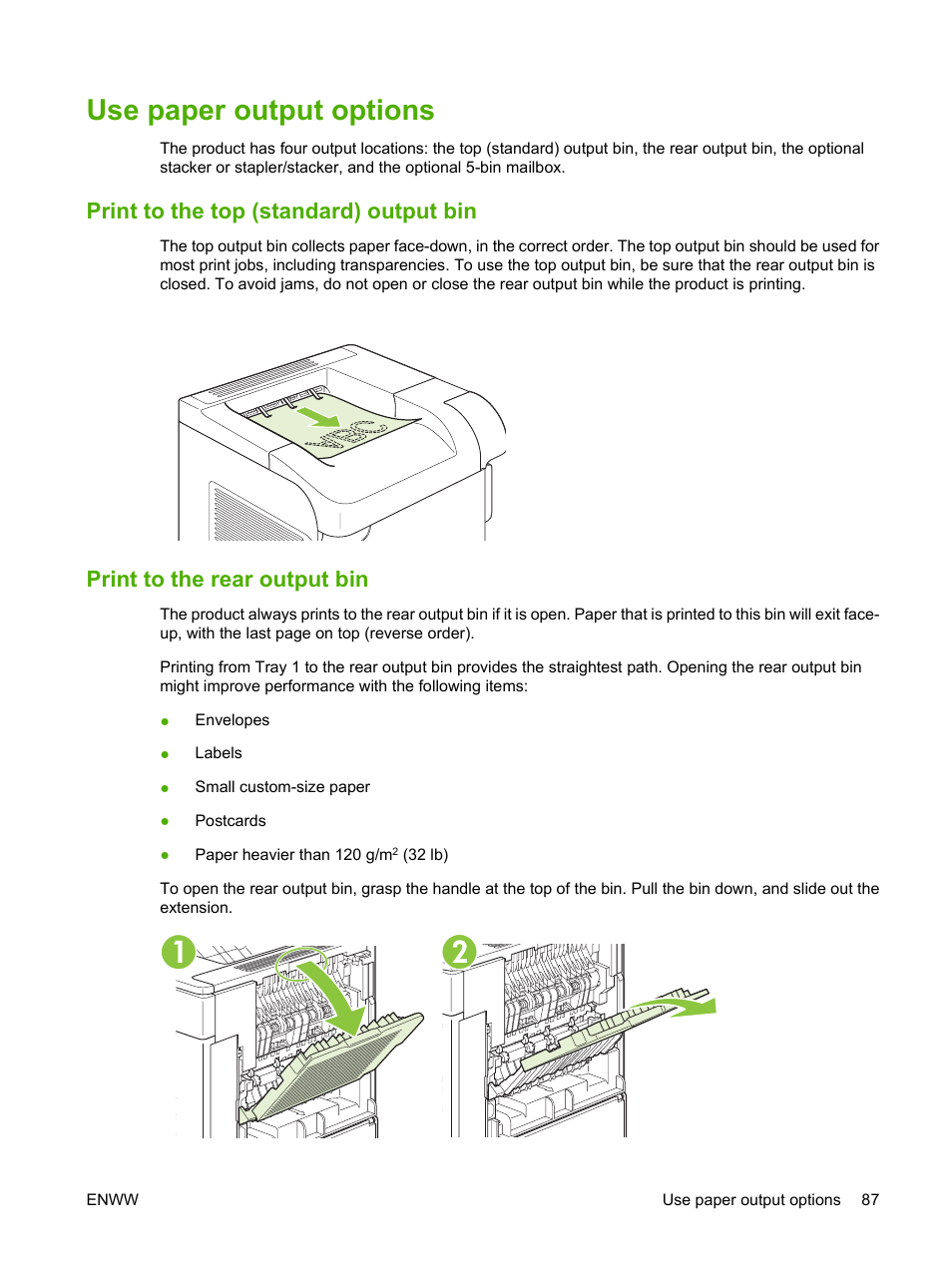 Use paper output options, Print to the top (standard) output bin, Print to the rear output bin | HP LaserJet P4015 Printer series User Manual | Page 99 / 246