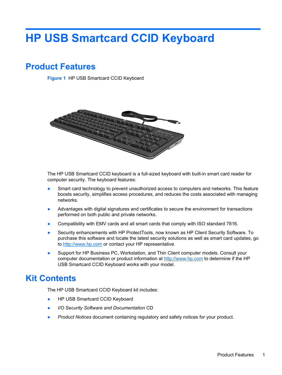 Hp usb smartcard ccid keyboard, Product features, Kit contents | Product features kit contents | HP USB SmartCard CCID Keyboard User Manual | Page 7 / 11