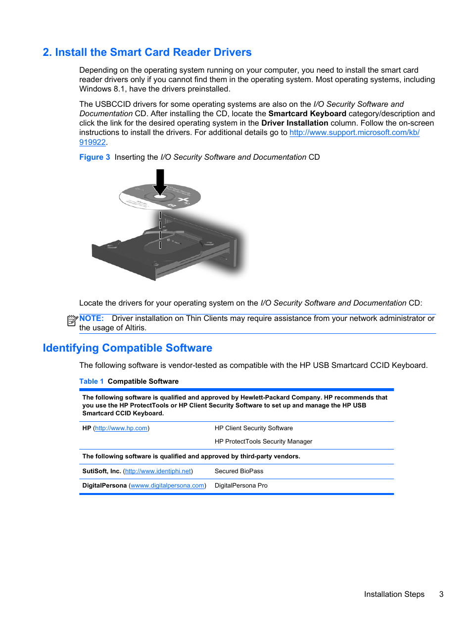 Install the smart card reader drivers, Identifying compatible software | HP USB SmartCard CCID Keyboard User Manual | Page 9 / 11