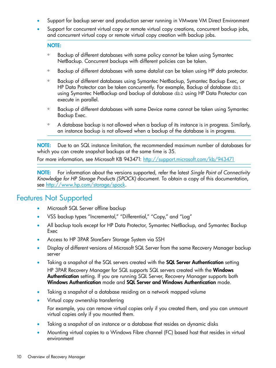 Features not supported | HP 3PAR Recovery Manager Software for Microsoft SQL Server Licenses User Manual | Page 10 / 108