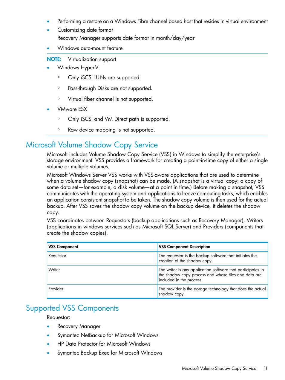 Microsoft volume shadow copy service, Supported vss components | HP 3PAR Recovery Manager Software for Microsoft SQL Server Licenses User Manual | Page 11 / 108