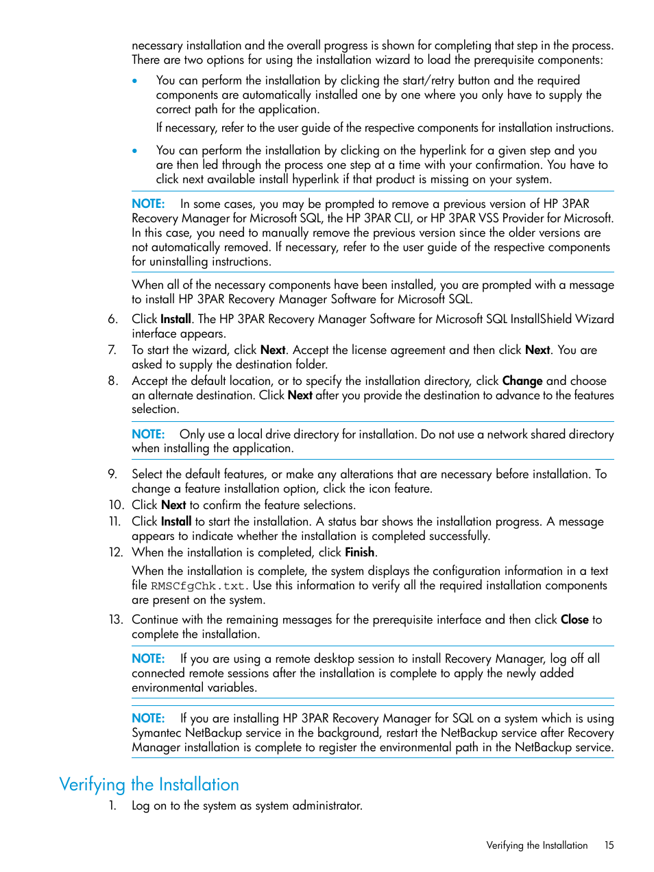 Verifying the installation | HP 3PAR Recovery Manager Software for Microsoft SQL Server Licenses User Manual | Page 15 / 108