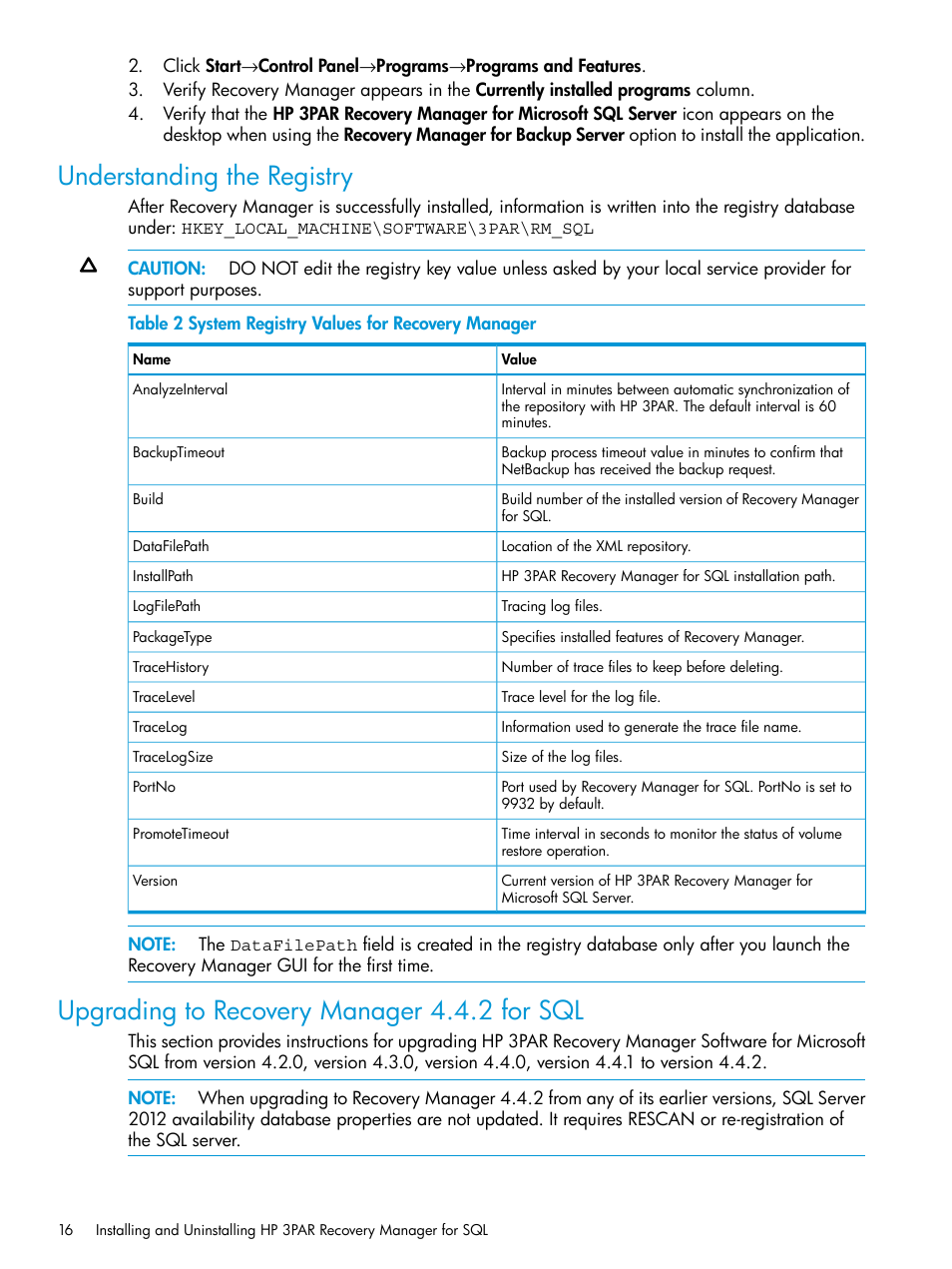 Understanding the registry, Upgrading to recovery manager 4.4.2 for sql | HP 3PAR Recovery Manager Software for Microsoft SQL Server Licenses User Manual | Page 16 / 108