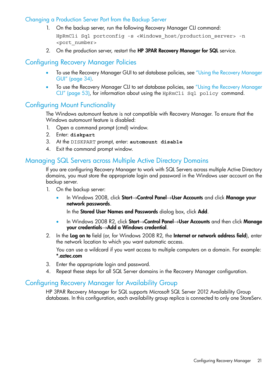 Configuring recovery manager policies, Configuring mount functionality | HP 3PAR Recovery Manager Software for Microsoft SQL Server Licenses User Manual | Page 21 / 108
