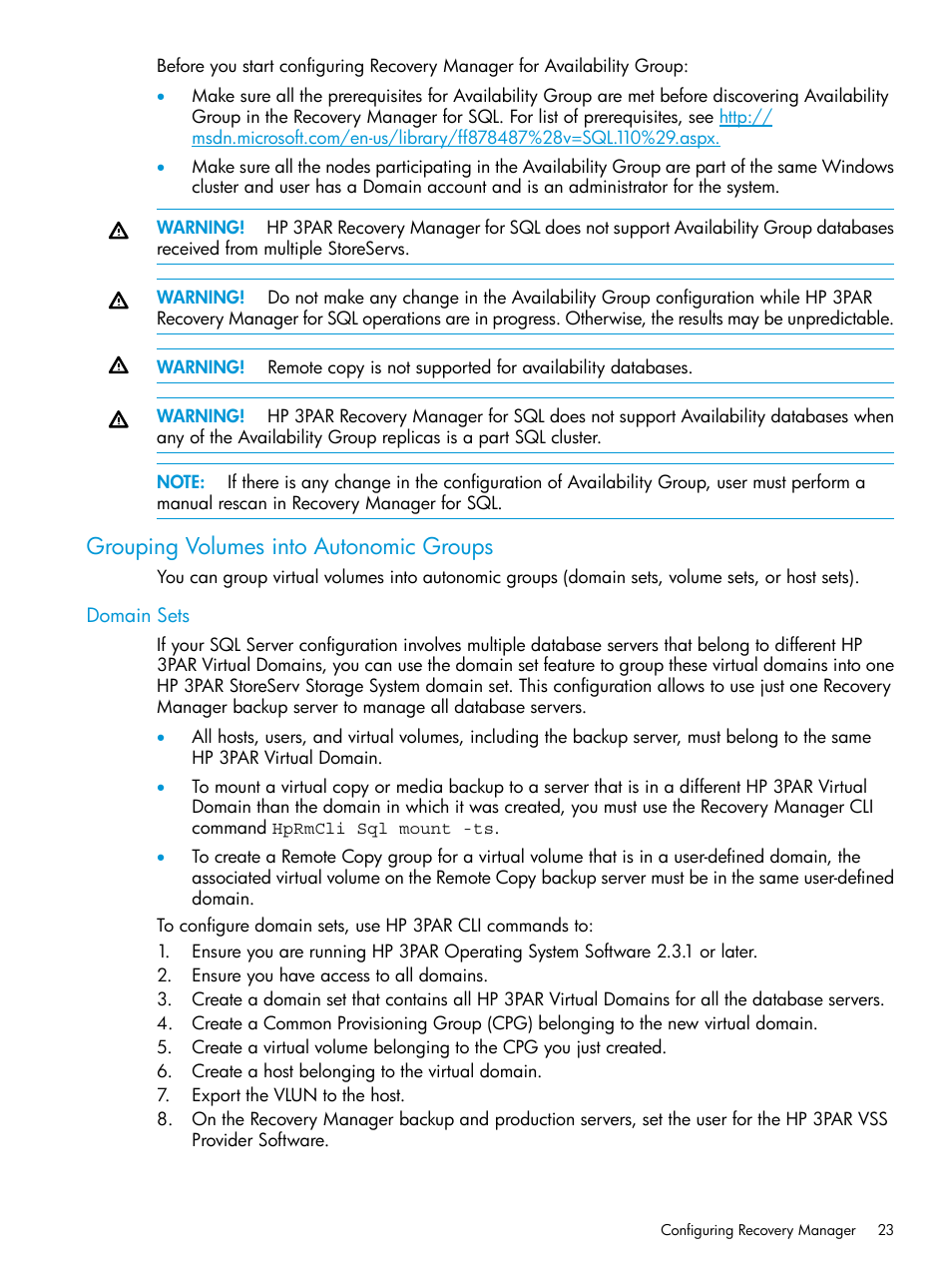 Grouping volumes into autonomic groups, Domain sets | HP 3PAR Recovery Manager Software for Microsoft SQL Server Licenses User Manual | Page 23 / 108