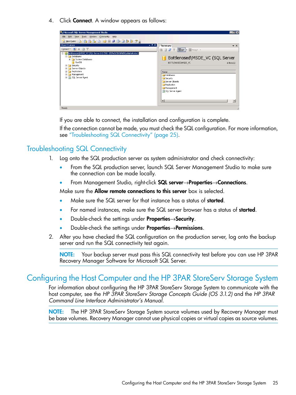 Troubleshooting sql connectivity | HP 3PAR Recovery Manager Software for Microsoft SQL Server Licenses User Manual | Page 25 / 108