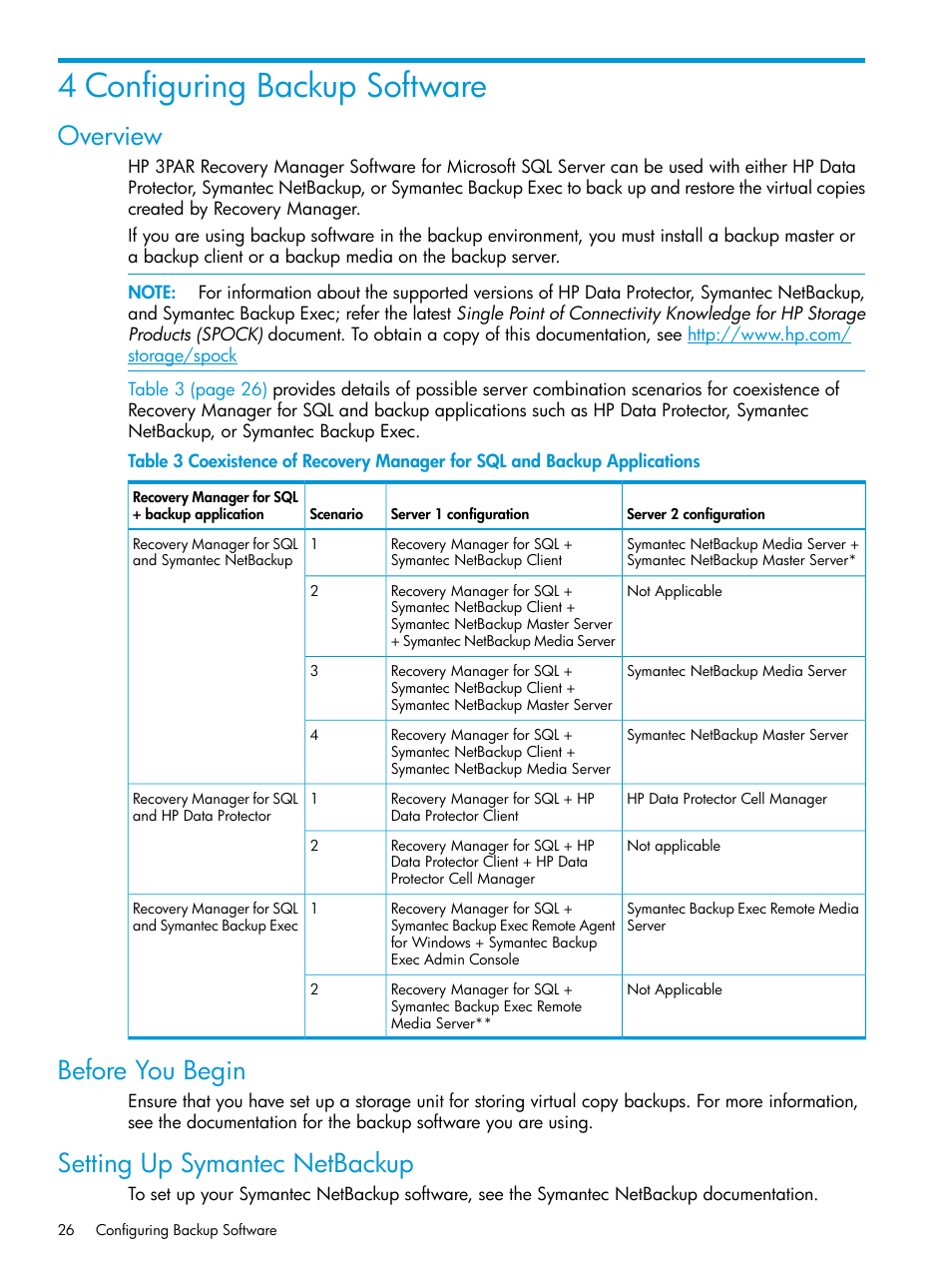 4 configuring backup software, Overview, Before you begin | Setting up symantec netbackup | HP 3PAR Recovery Manager Software for Microsoft SQL Server Licenses User Manual | Page 26 / 108