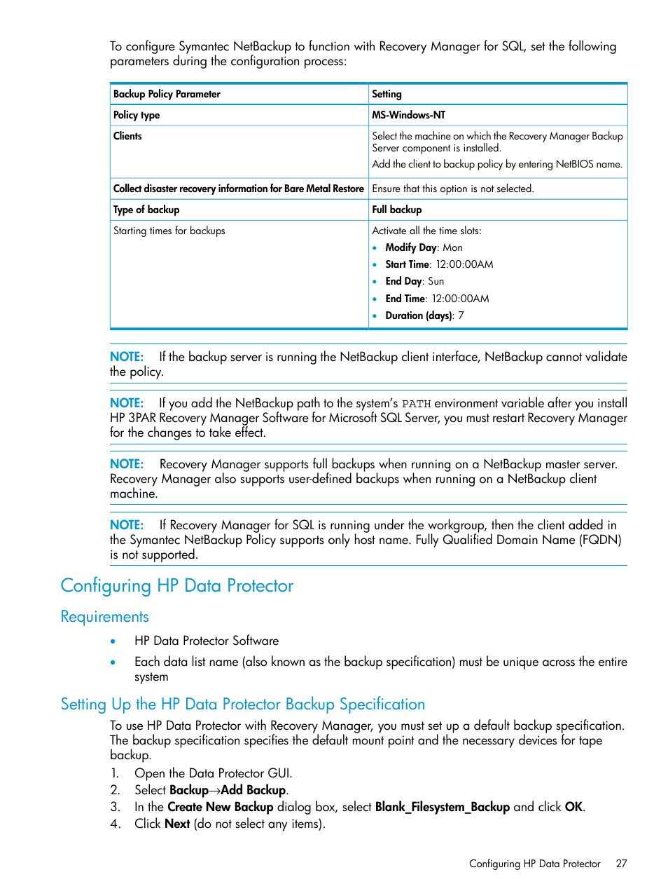 Configuring hp data protector, Requirements | HP 3PAR Recovery Manager Software for Microsoft SQL Server Licenses User Manual | Page 27 / 108