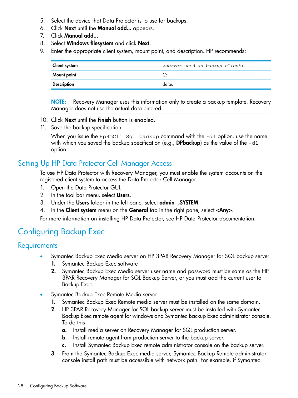 Setting up hp data protector cell manager access, Configuring backup exec, Requirements | HP 3PAR Recovery Manager Software for Microsoft SQL Server Licenses User Manual | Page 28 / 108