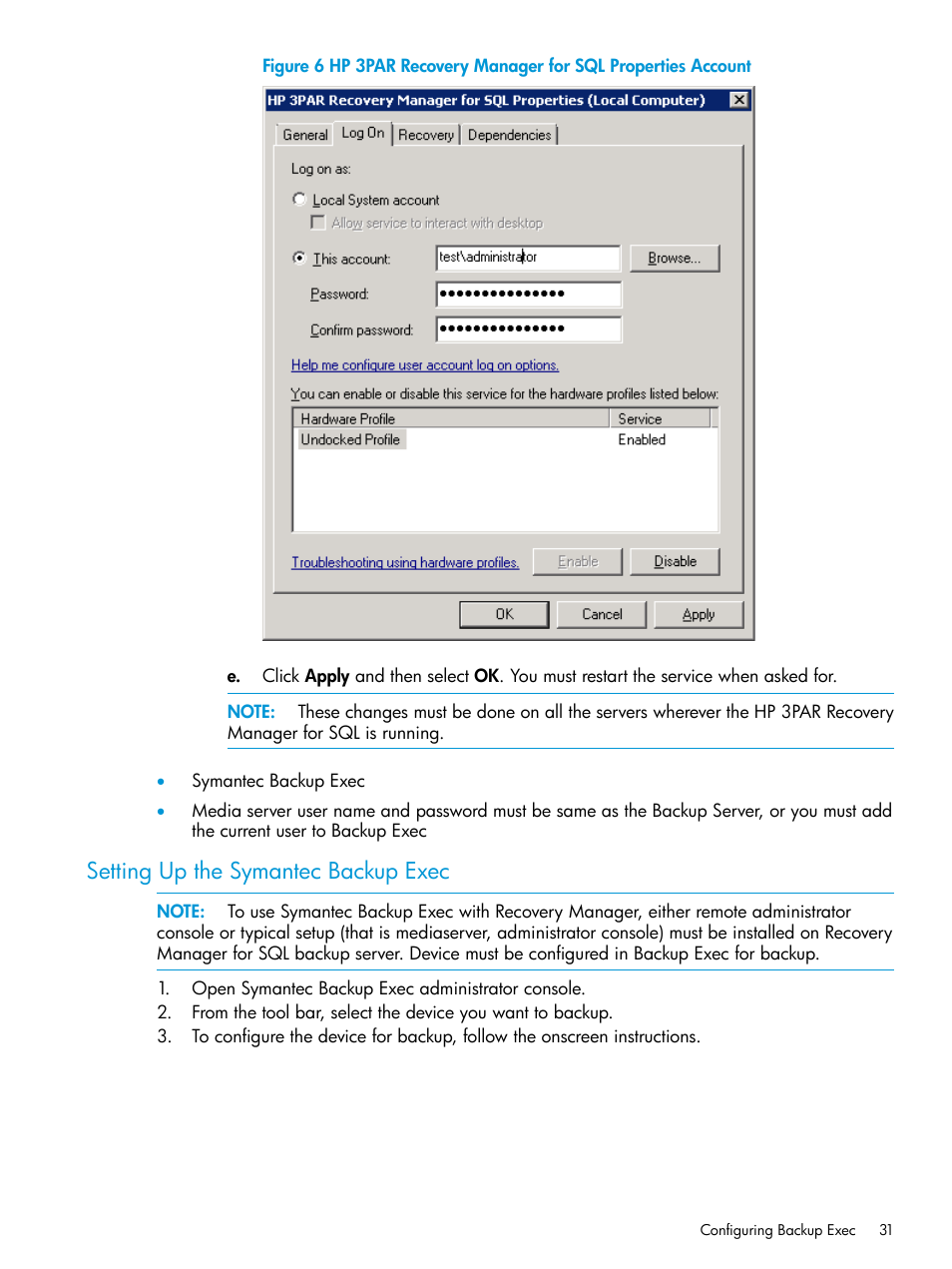 Setting up the symantec backup exec | HP 3PAR Recovery Manager Software for Microsoft SQL Server Licenses User Manual | Page 31 / 108