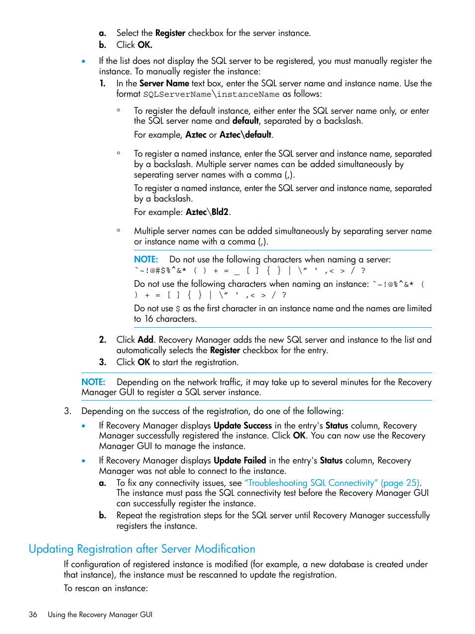 Updating registration after server modification | HP 3PAR Recovery Manager Software for Microsoft SQL Server Licenses User Manual | Page 36 / 108