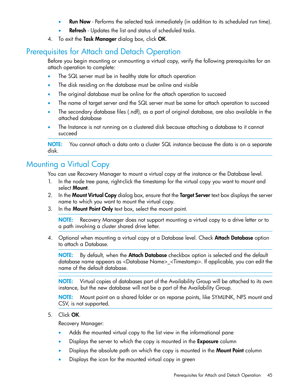 Prerequisites for attach and detach operation, Mounting a virtual copy | HP 3PAR Recovery Manager Software for Microsoft SQL Server Licenses User Manual | Page 45 / 108