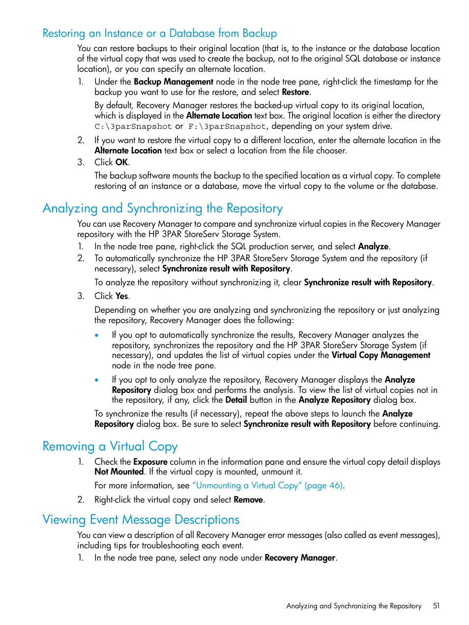Restoring an instance or a database from backup, Analyzing and synchronizing the repository, Removing a virtual copy | Viewing event message descriptions | HP 3PAR Recovery Manager Software for Microsoft SQL Server Licenses User Manual | Page 51 / 108
