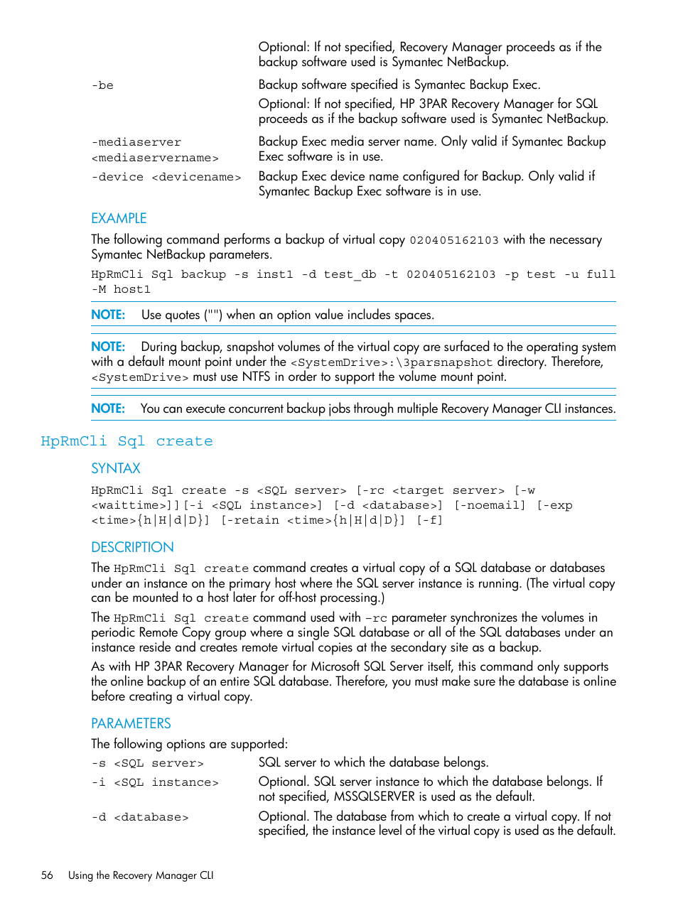 Hprmcli sql create | HP 3PAR Recovery Manager Software for Microsoft SQL Server Licenses User Manual | Page 56 / 108