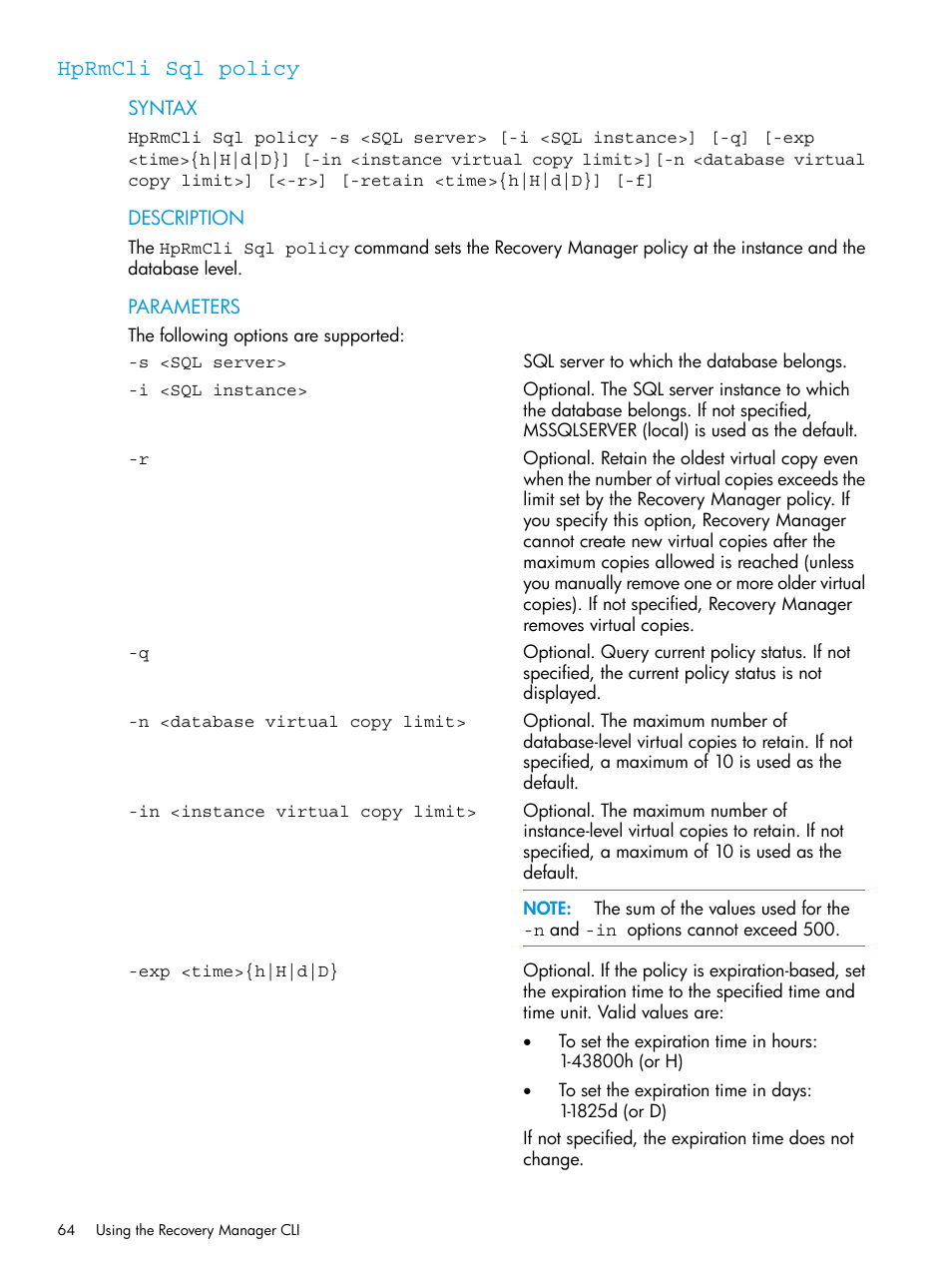 Hprmcli sql policy | HP 3PAR Recovery Manager Software for Microsoft SQL Server Licenses User Manual | Page 64 / 108