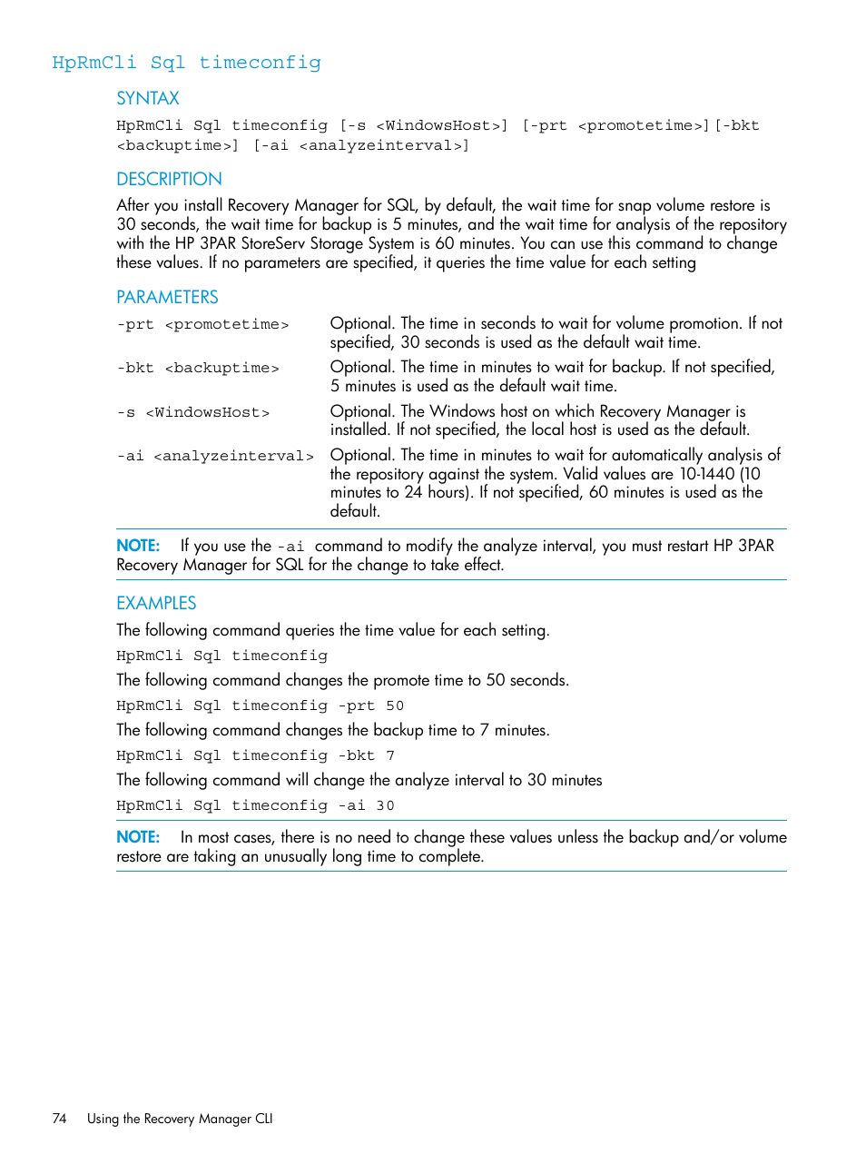 Hprmcli sql timeconfig | HP 3PAR Recovery Manager Software for Microsoft SQL Server Licenses User Manual | Page 74 / 108