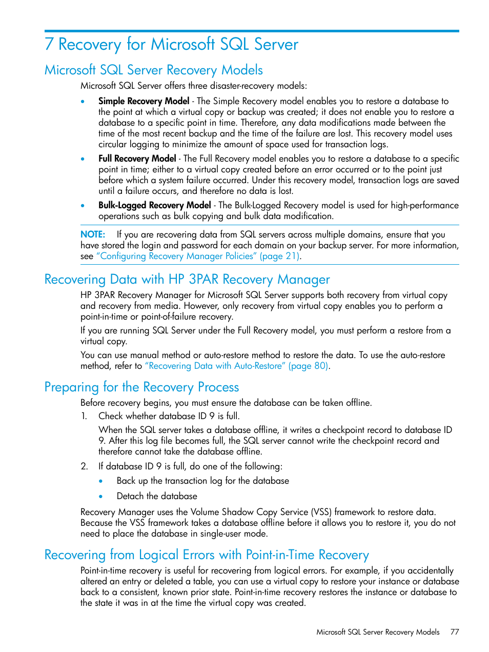 7 recovery for microsoft sql server, Microsoft sql server recovery models, Recovering data with hp 3par recovery manager | Preparing for the recovery process | HP 3PAR Recovery Manager Software for Microsoft SQL Server Licenses User Manual | Page 77 / 108