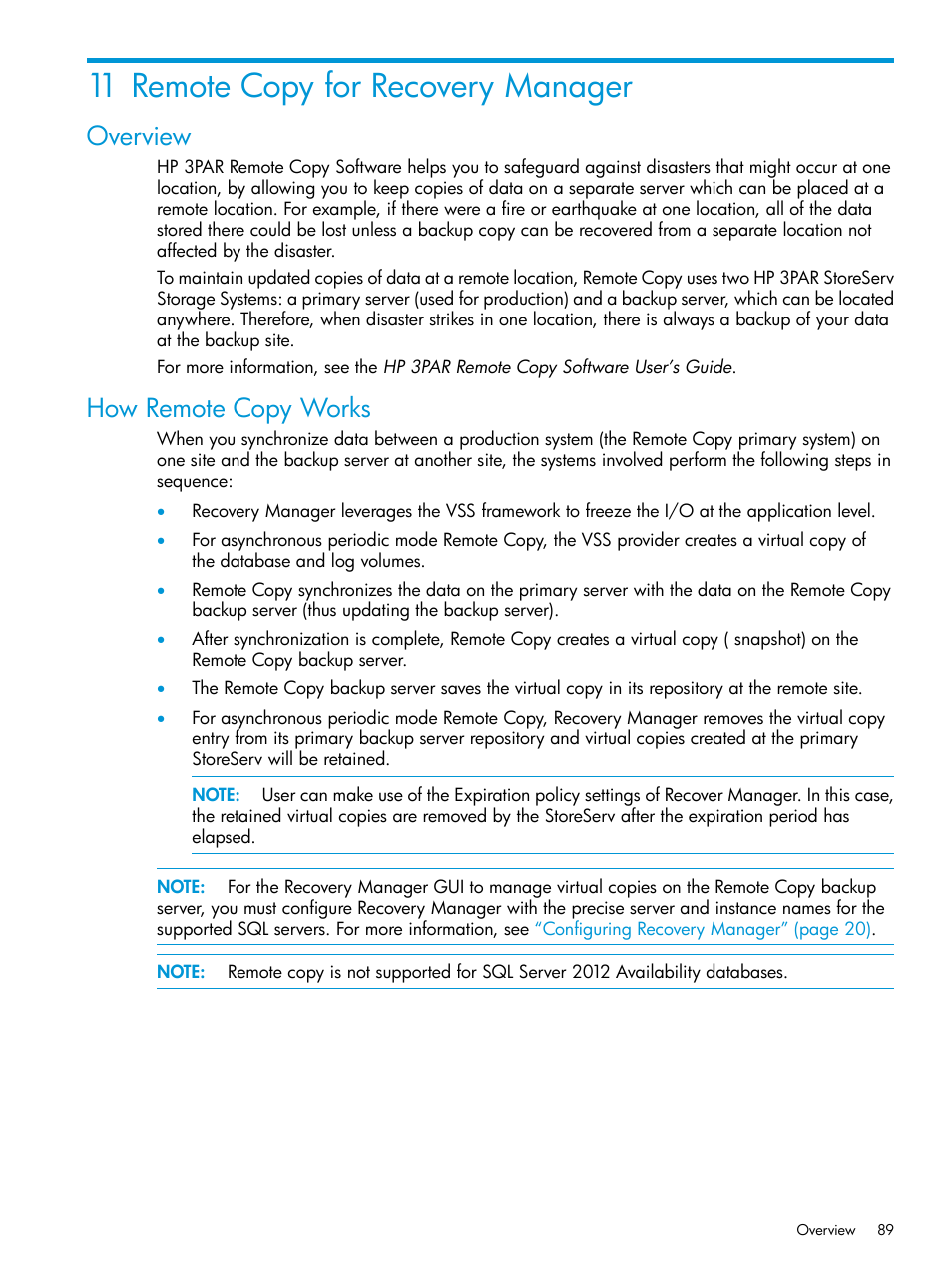 11 remote copy for recovery manager, Overview, How remote copy works | Overview how remote copy works, Remote copy | HP 3PAR Recovery Manager Software for Microsoft SQL Server Licenses User Manual | Page 89 / 108