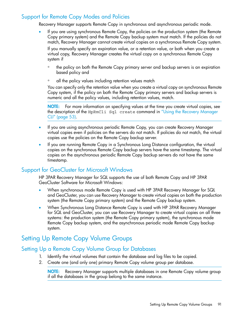 Support for remote copy modes and policies, Support for geocluster for microsoft windows, Setting up remote copy volume groups | HP 3PAR Recovery Manager Software for Microsoft SQL Server Licenses User Manual | Page 91 / 108