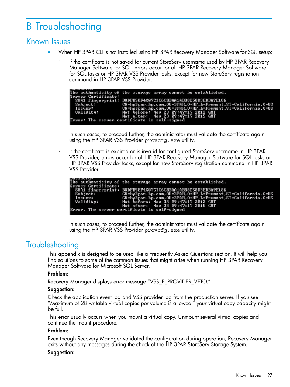 B troubleshooting, Known issues, Troubleshooting | Known issues troubleshooting | HP 3PAR Recovery Manager Software for Microsoft SQL Server Licenses User Manual | Page 97 / 108
