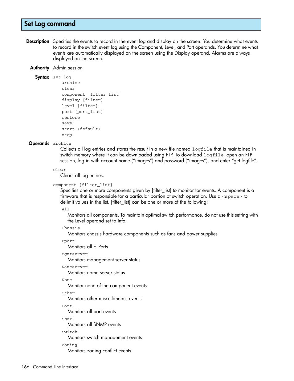 Set log command | HP McDATA 4Gb SAN Switch for HP BladeSystem p-Class User Manual | Page 166 / 226