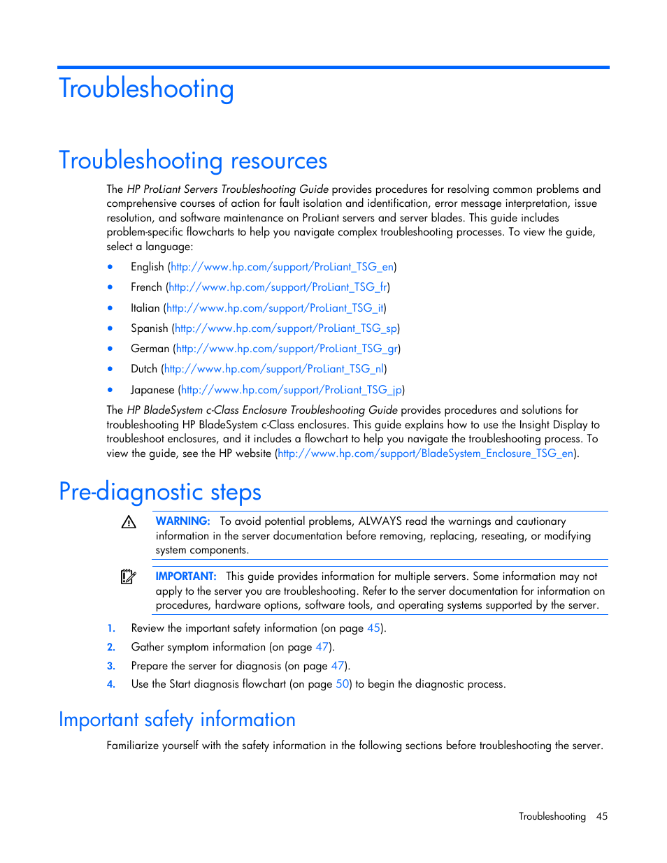Troubleshooting, Troubleshooting resources, Pre-diagnostic steps | Important safety information | HP ProLiant SL390s G7 Server User Manual | Page 45 / 82
