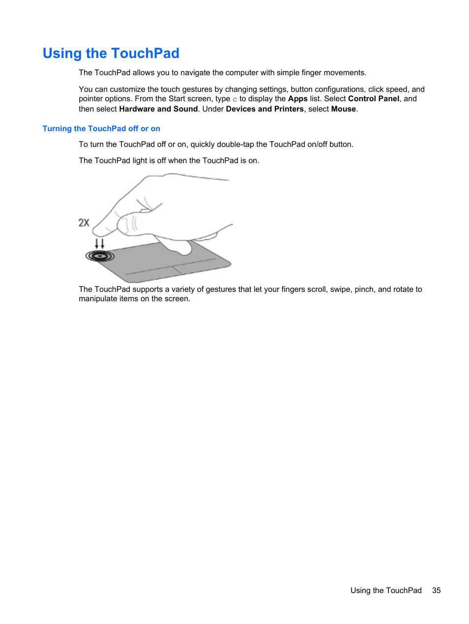 Using the touchpad | HP Spectre XT TouchSmart Ultrabook 15-4095ca User Manual | Page 45 / 103