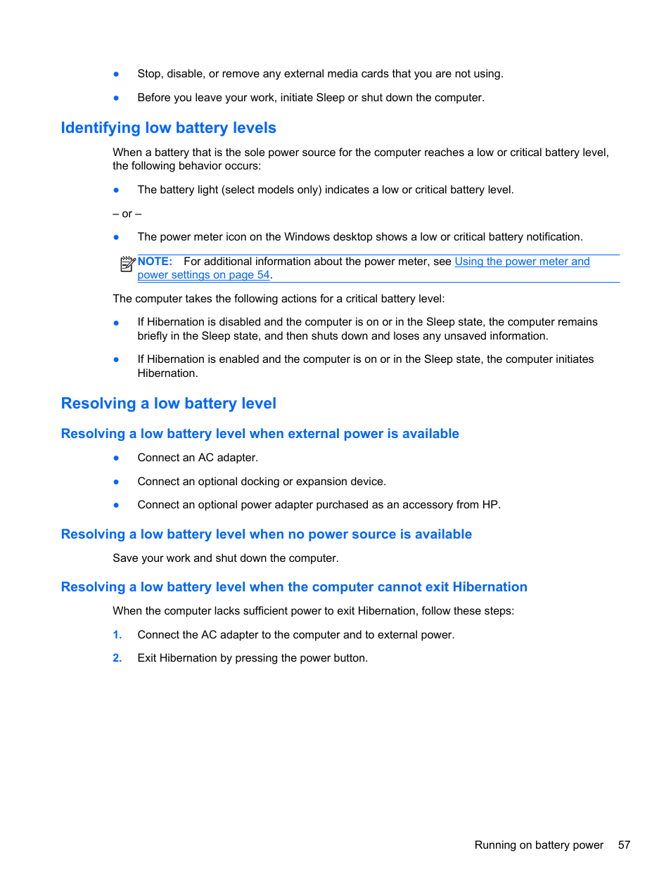 Identifying low battery levels, Resolving a low battery level | HP Spectre XT TouchSmart Ultrabook 15-4095ca User Manual | Page 67 / 103