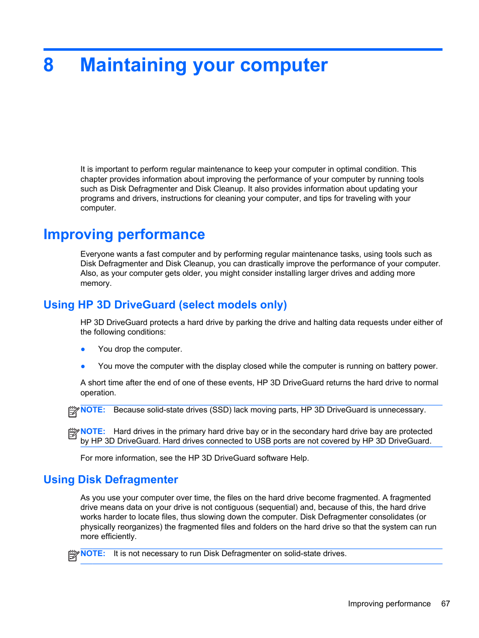 Maintaining your computer, Improving performance, Using hp 3d driveguard (select models only) | Using disk defragmenter, 8 maintaining your computer, 8maintaining your computer | HP Spectre XT TouchSmart Ultrabook 15-4095ca User Manual | Page 77 / 103