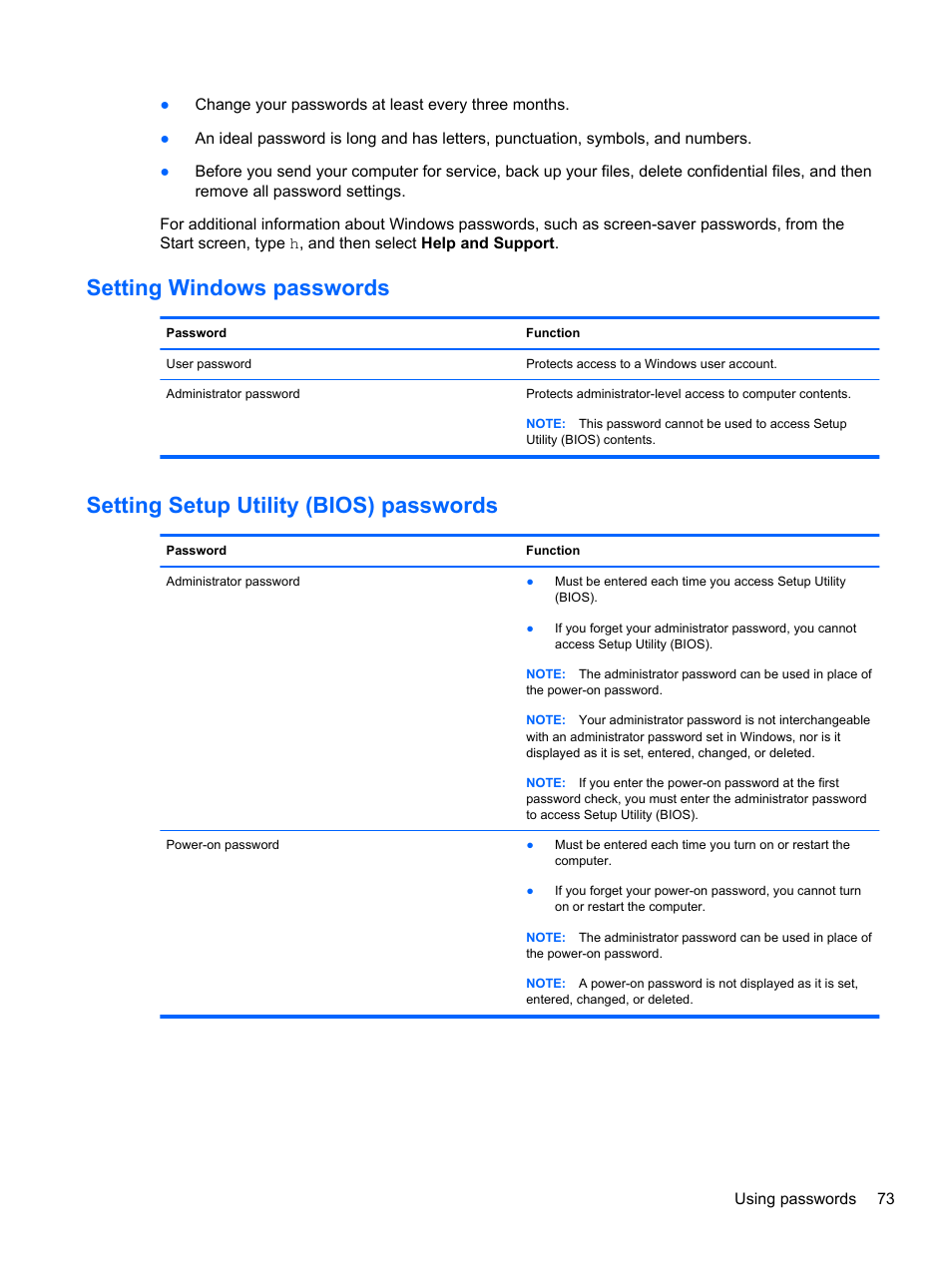 Setting windows passwords, Setting setup utility (bios) passwords | HP Spectre XT TouchSmart Ultrabook 15-4095ca User Manual | Page 83 / 103