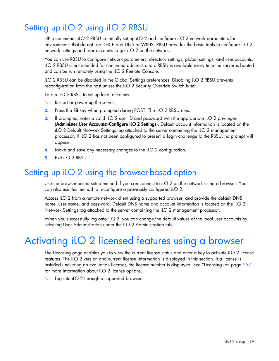 Setting up ilo 2 using ilo 2 rbsu, Setting up ilo 2 using the browser-based option, Activating ilo 2 licensed features using a browser | HP Integrated Lights-Out User Manual | Page 19 / 236