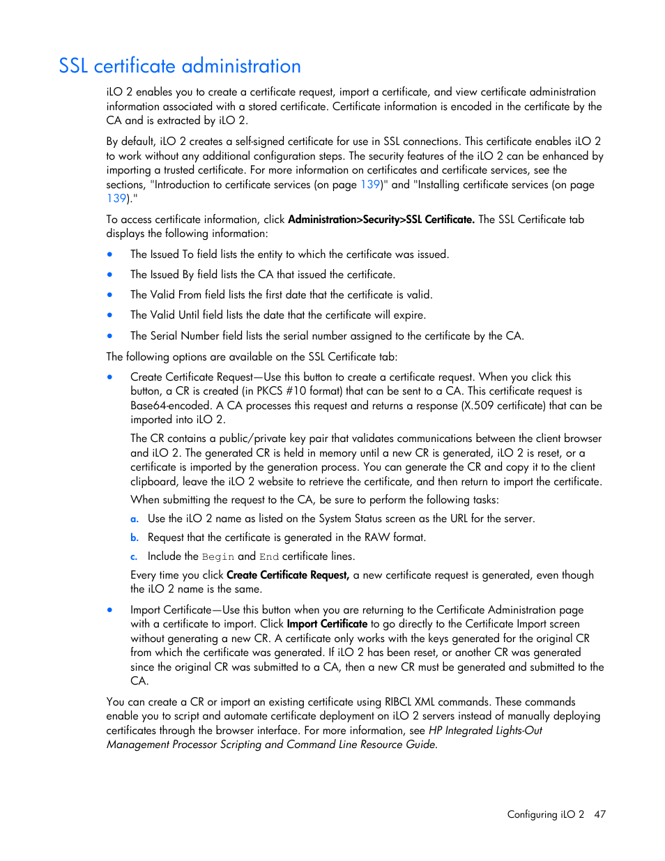 Ssl certificate administration | HP Integrated Lights-Out User Manual | Page 47 / 236