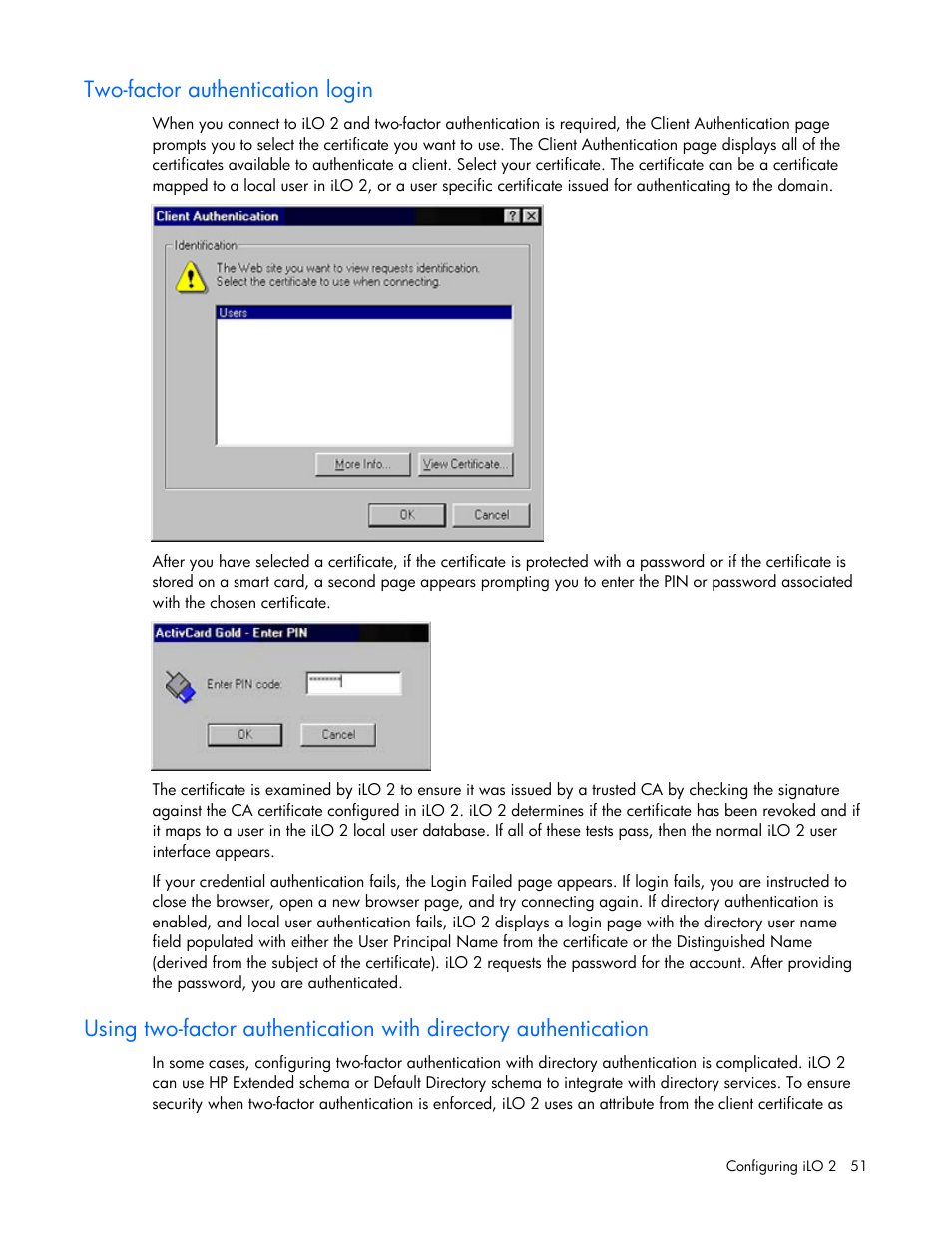 Two-factor authentication login | HP Integrated Lights-Out User Manual | Page 51 / 236