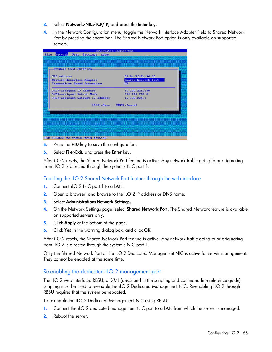 Re-enabling the dedicated ilo 2 management port | HP Integrated Lights-Out User Manual | Page 65 / 236