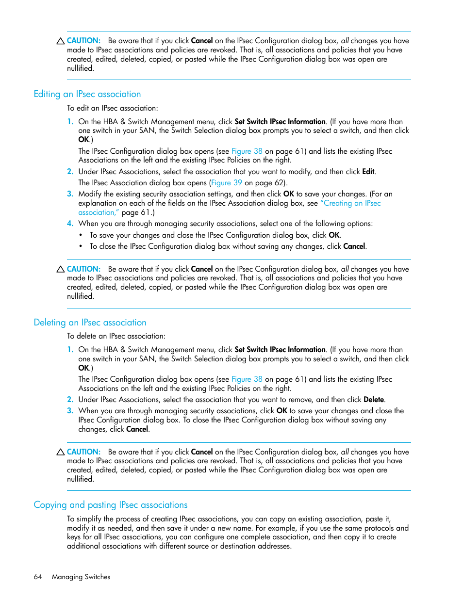 Editing an ipsec association, Deleting an ipsec association, Copying and pasting ipsec associations | HP 8.20q Fibre Channel Switch User Manual | Page 64 / 150