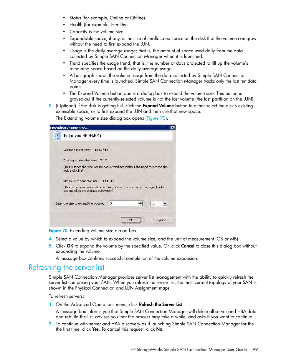 Refreshing the server list, 70 extending volume size dialog box | HP 8.20q Fibre Channel Switch User Manual | Page 99 / 150