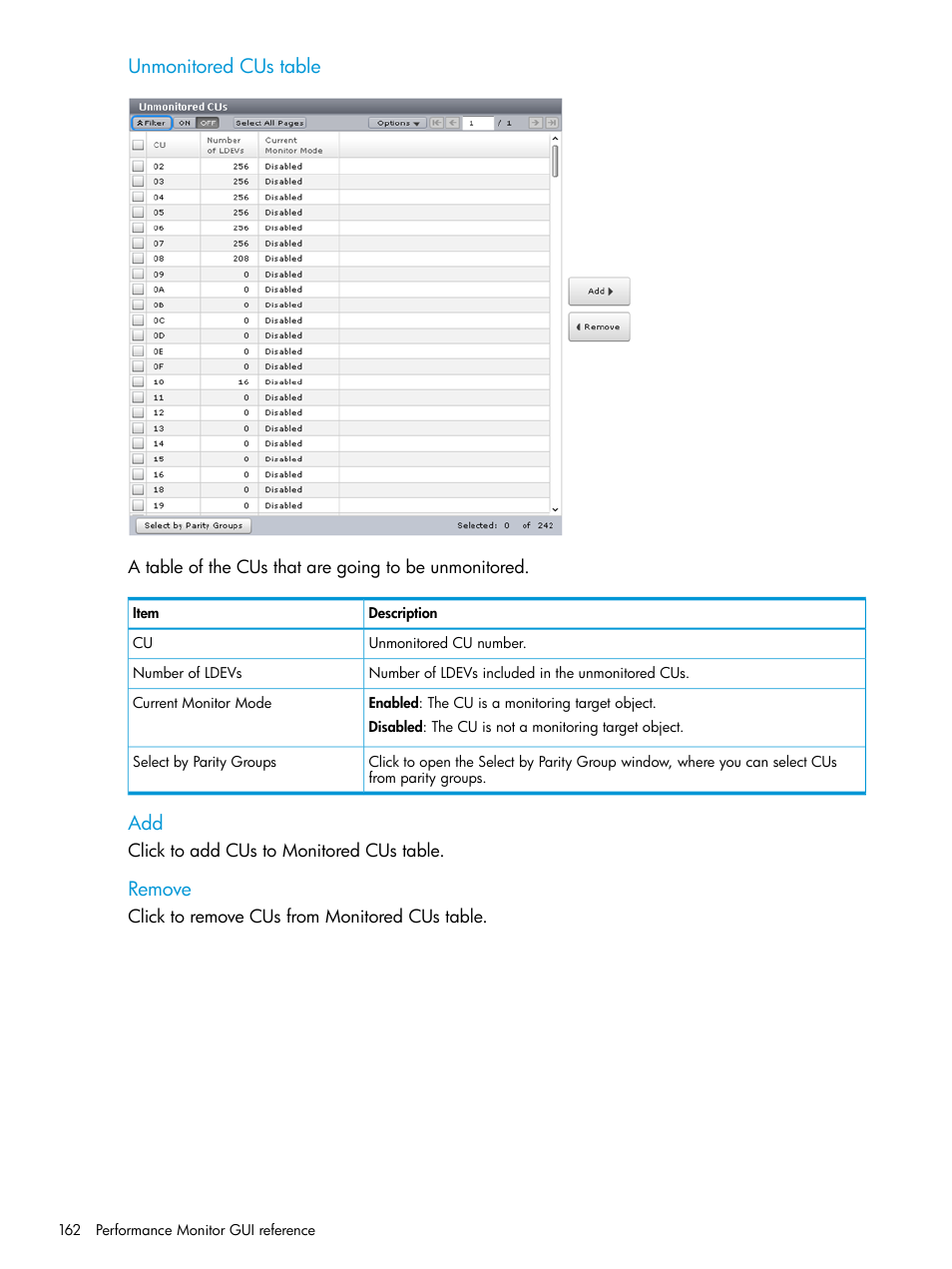Unmonitored cus table, Remove | HP XP7 Storage User Manual | Page 162 / 227