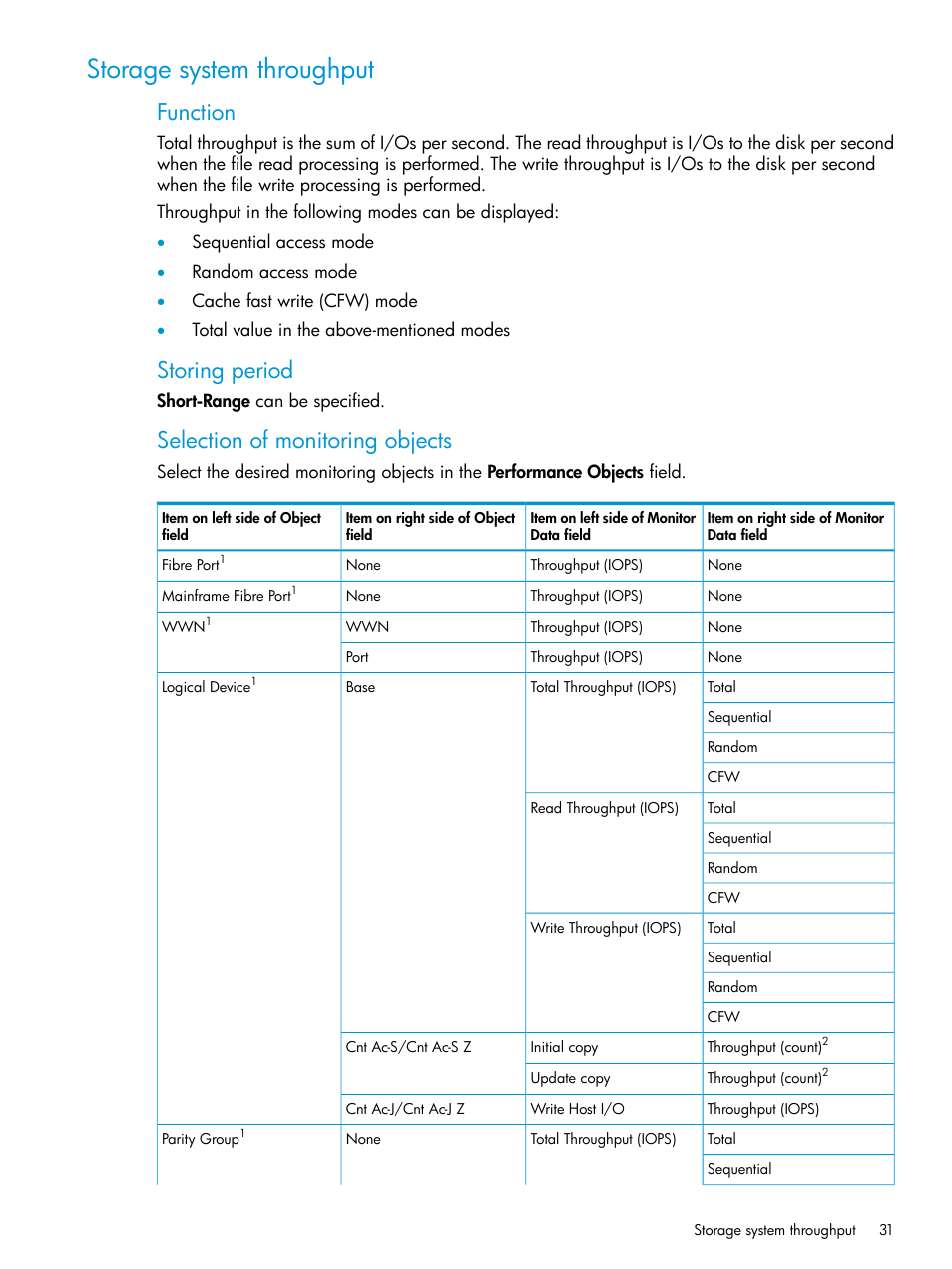 Storage system throughput, Function, Storing period | Selection of monitoring objects | HP XP7 Storage User Manual | Page 31 / 227