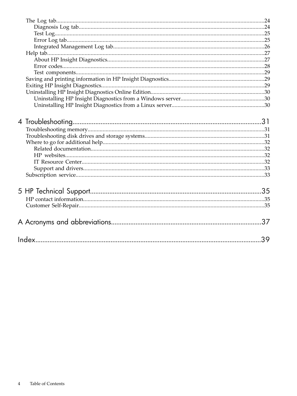 4 troubleshooting, 5 hp technical support, A acronyms and abbreviations index | HP Insight Diagnostics Software User Manual | Page 4 / 40