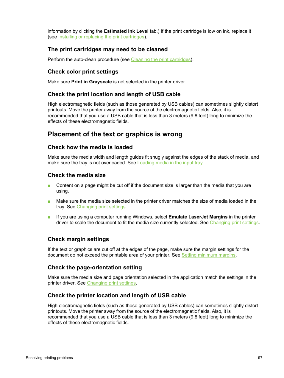 The print cartridges may need to be cleaned, Check color print settings, Check the print location and length of usb cable | Placement of the text or graphics is wrong, Check how the media is loaded, Check the media size, Check margin settings, Check the printer location and length of usb cable | HP Deskjet 9800 Printer series User Manual | Page 107 / 172