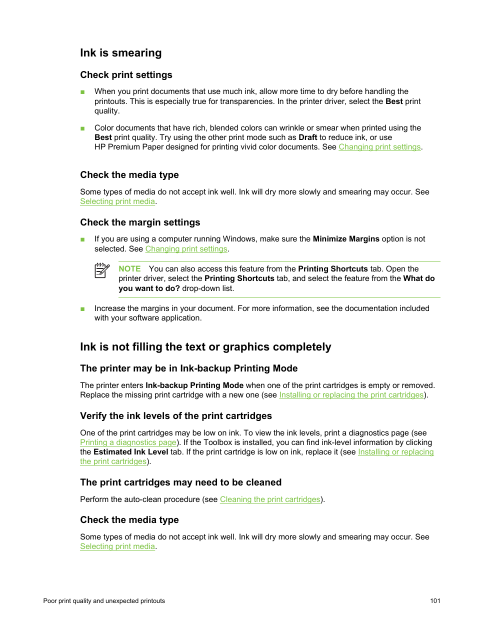 Ink is smearing, Check print settings, Check the media type | Check the margin settings, Ink is not filling the text or graphics completely, The printer may be in ink-backup printing mode, Verify the ink levels of the print cartridges, The print cartridges may need to be cleaned | HP Deskjet 9800 Printer series User Manual | Page 111 / 172