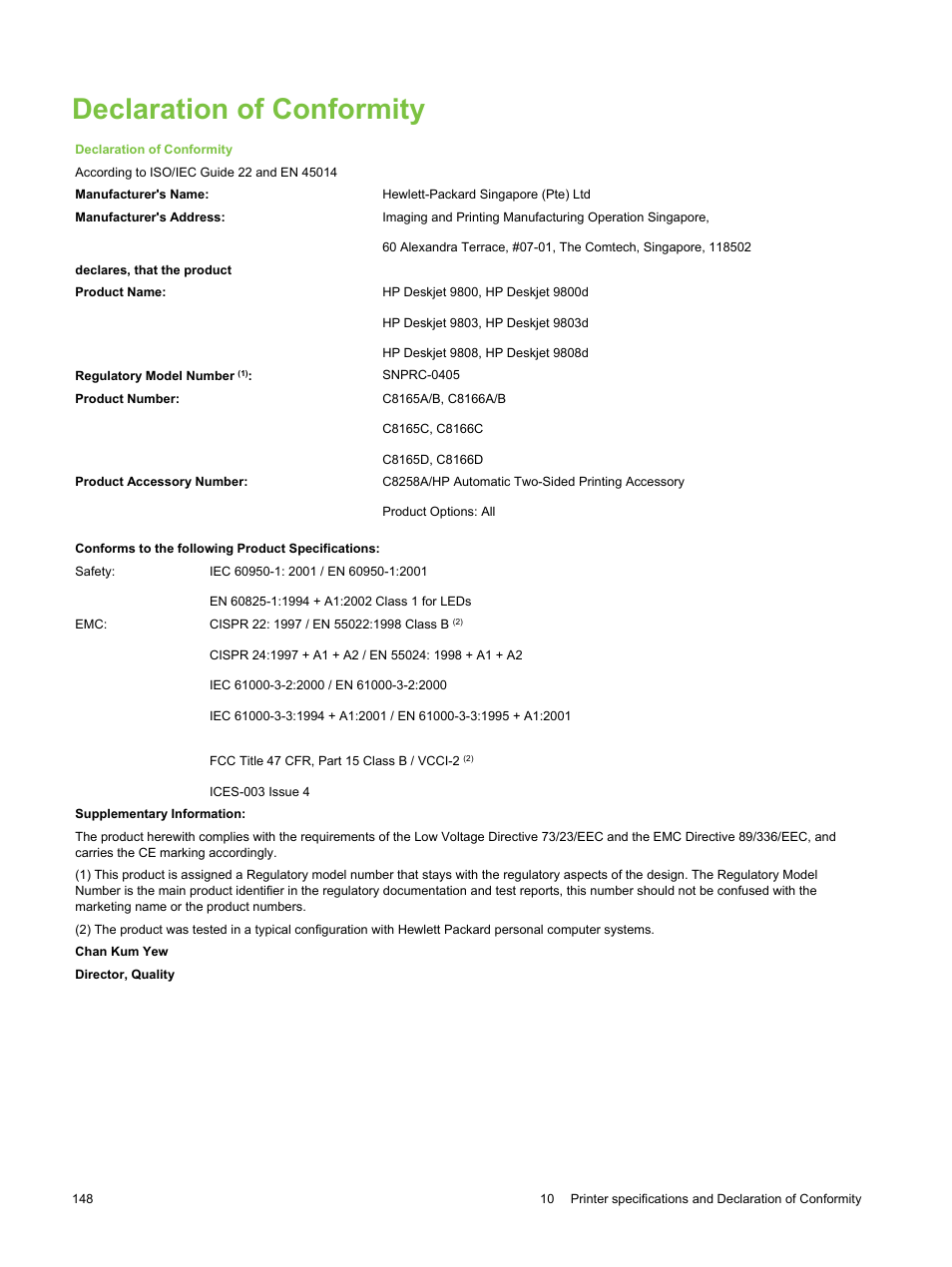 Declaration of conformity | HP Deskjet 9800 Printer series User Manual | Page 158 / 172