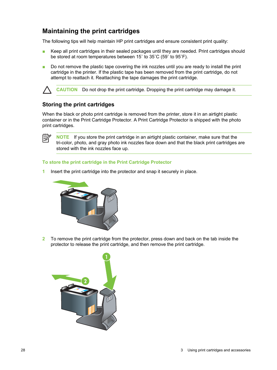 Maintaining the print cartridges, Storing the print cartridges | HP Deskjet 9800 Printer series User Manual | Page 38 / 172