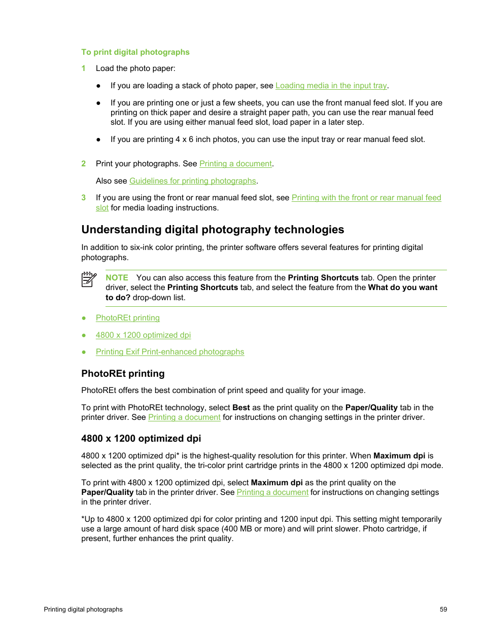 Understanding digital photography technologies, Photoret printing, 4800 x 1200 optimized dpi | Photoret printing 4800 x 1200 optimized dpi, Print quality. see | HP Deskjet 9800 Printer series User Manual | Page 69 / 172