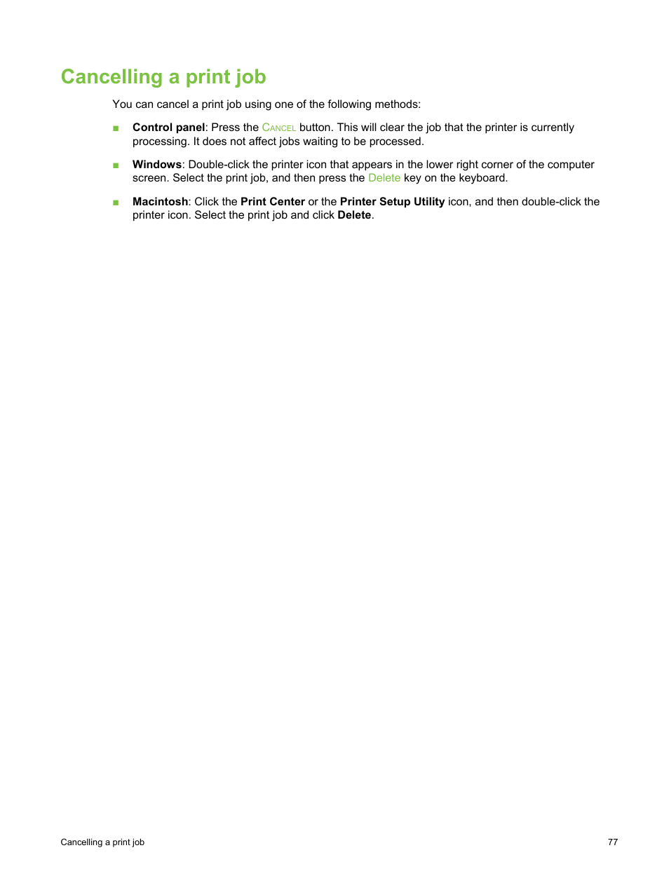 Cancelling a print job | HP Deskjet 9800 Printer series User Manual | Page 87 / 172