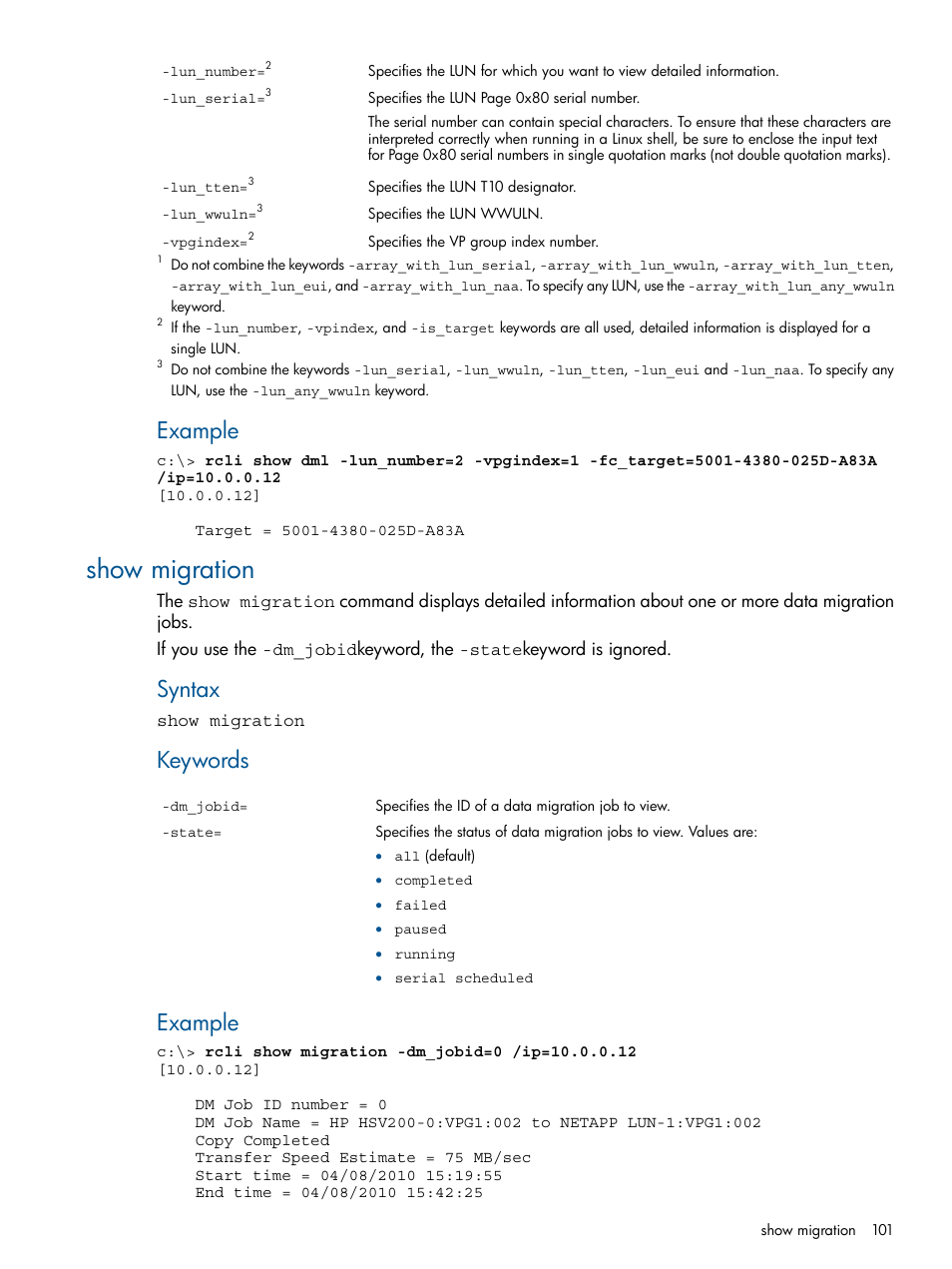 Show migration, Example, Syntax | Keywords | HP MPX200 Multifunction Router User Manual | Page 101 / 120